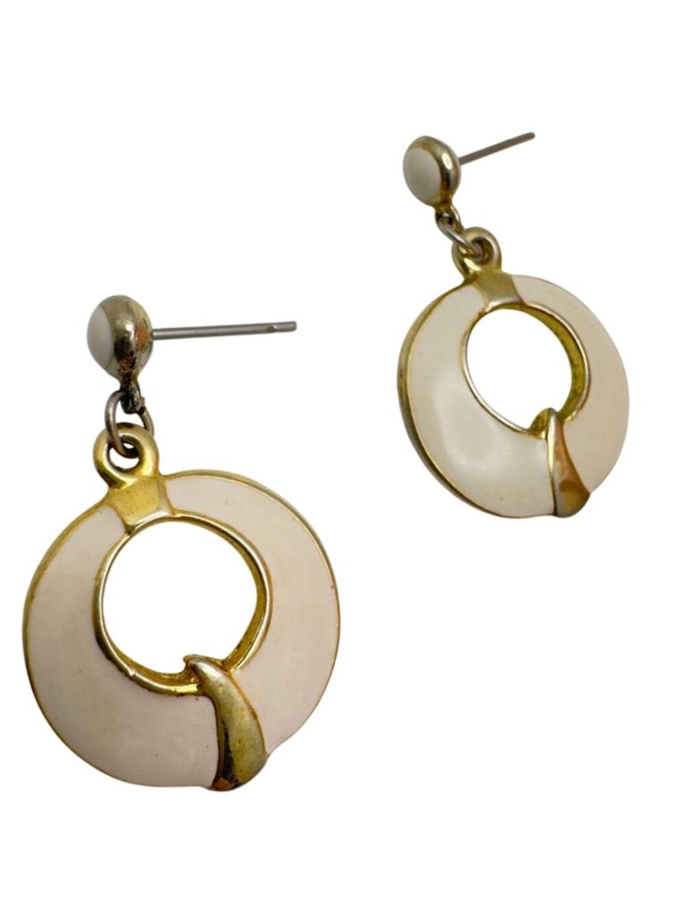 Vtg Monet Gold-Tone Cream Enamel Dangle Earrings Circular Hoop Design 1Inch